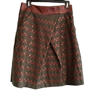 Graeme Black Geometric A-Line Skirt Wool Leather Trim Knee Length Multicolor